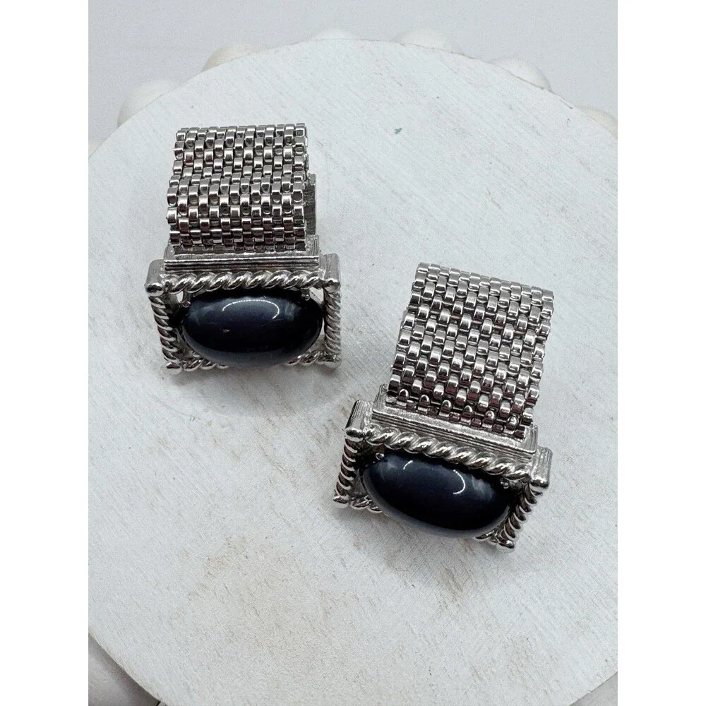 Vtg Swank Silver Tone Rectangular Grey Moonglow Oval Cabochon Mesh Cufflinks